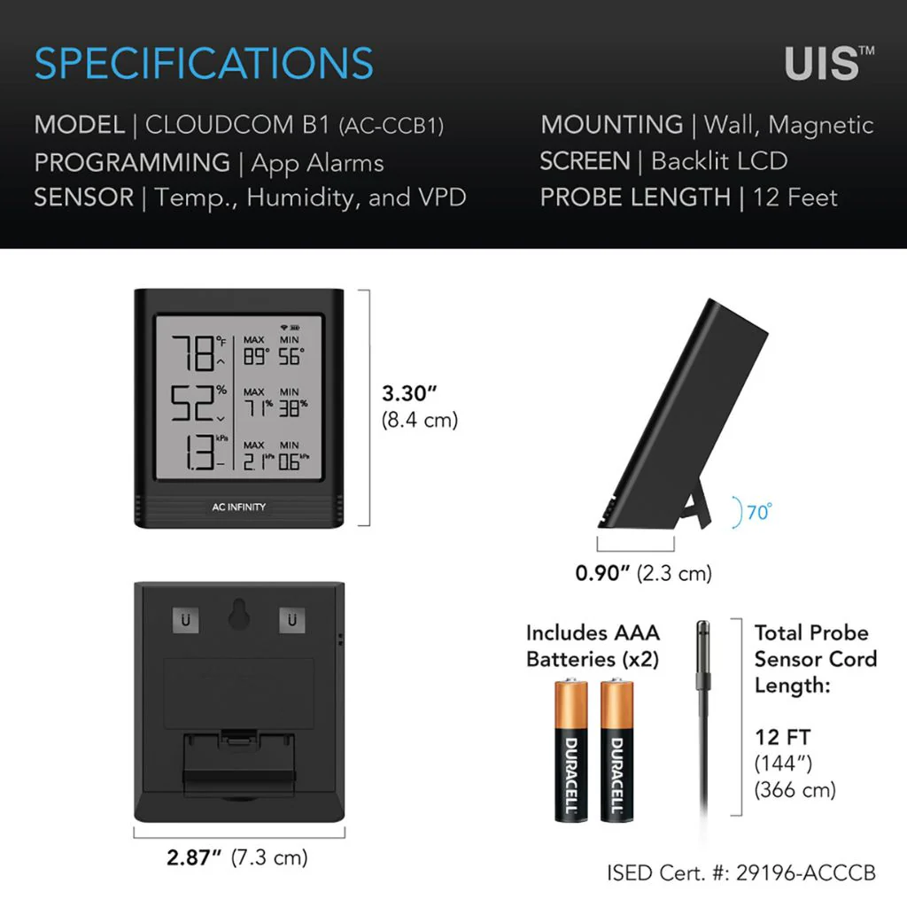 AC Infinity Cloudcom B1 Smart Thermo-Hygrometer (External Sensor) - Image 2