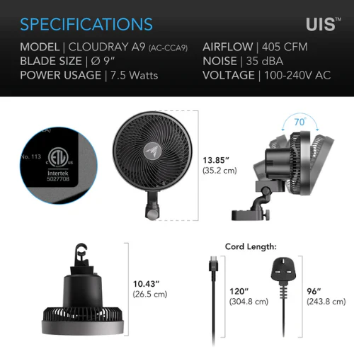 AC Infinity Cloudray A9 Clip On Fan 9" (Gen2) Twin Pack - Image 3